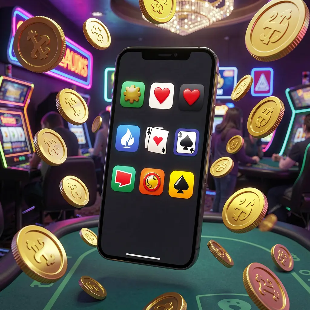 Realistic 3D render of an Android casino app concept on a modern phone with app icons, golden coins, and slot symbols floating around in a neon casino atmosphere featuring the l880 brand Realistic 3D render of an Android casino app concept on a modern phone with app icons, golden coins, and slot symbols floating around in a neon casino atmosphere featuring the l880 brand