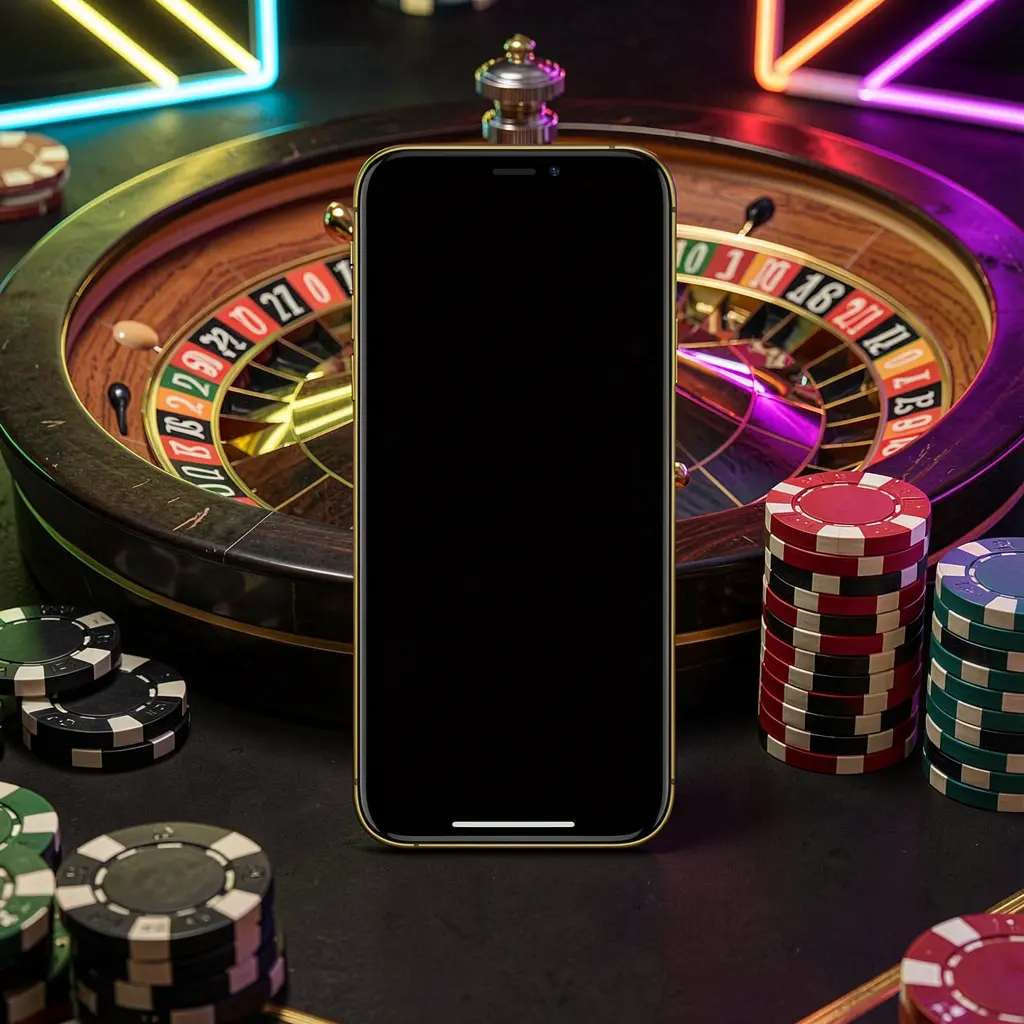 Mobile casino application scene featuring a phone in the center with a roulette wheel and poker chips in the background, illuminated by glowing neon lights in a premium black and gold style, showcasing the l880 brand Mobile casino application scene featuring a phone in the center with a roulette wheel and poker chips in the background, illuminated by glowing neon lights in a premium black and gold style, showcasing the l880 brand