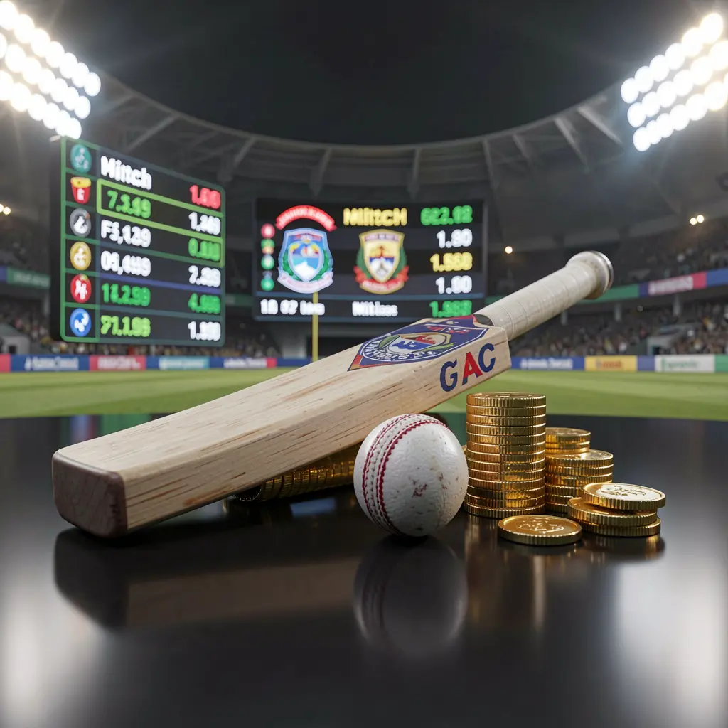 Realistic 3D render of a cricket bat and ball on a glossy dark surface with golden coins, glowing match statistics, and stadium lights, showcasing premium sports betting by l880