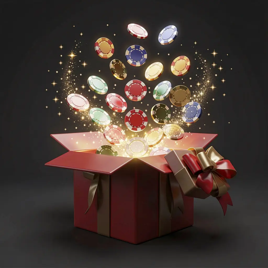 Realistic 3D render of a glowing gift box with free casino chips bursting out surrounded by magical sparkles on a dark premium background, showcasing the l880 no deposit bonus