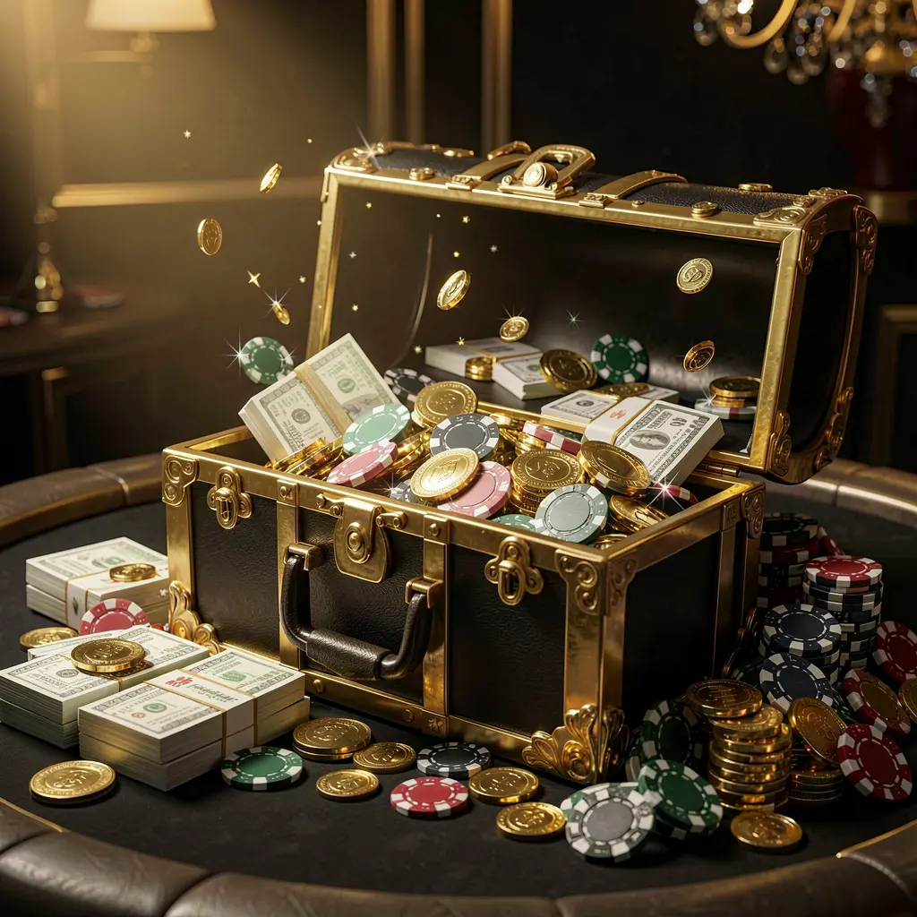 l880 casino rewards scene featuring a golden treasure chest overflowing with chips, cash bundles, and sparkling coins in an elegant black and gold style with dramatic lighting
