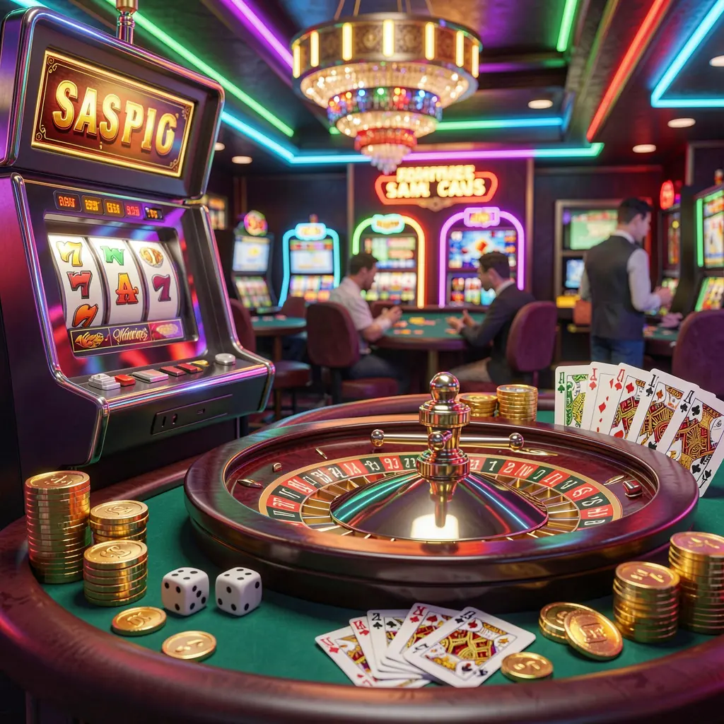 Exciting casino entertainment scene featuring slot machine, roulette wheel, dice, cards, and golden coins under colorful neon lights, showcasing the premium atmosphere of l880