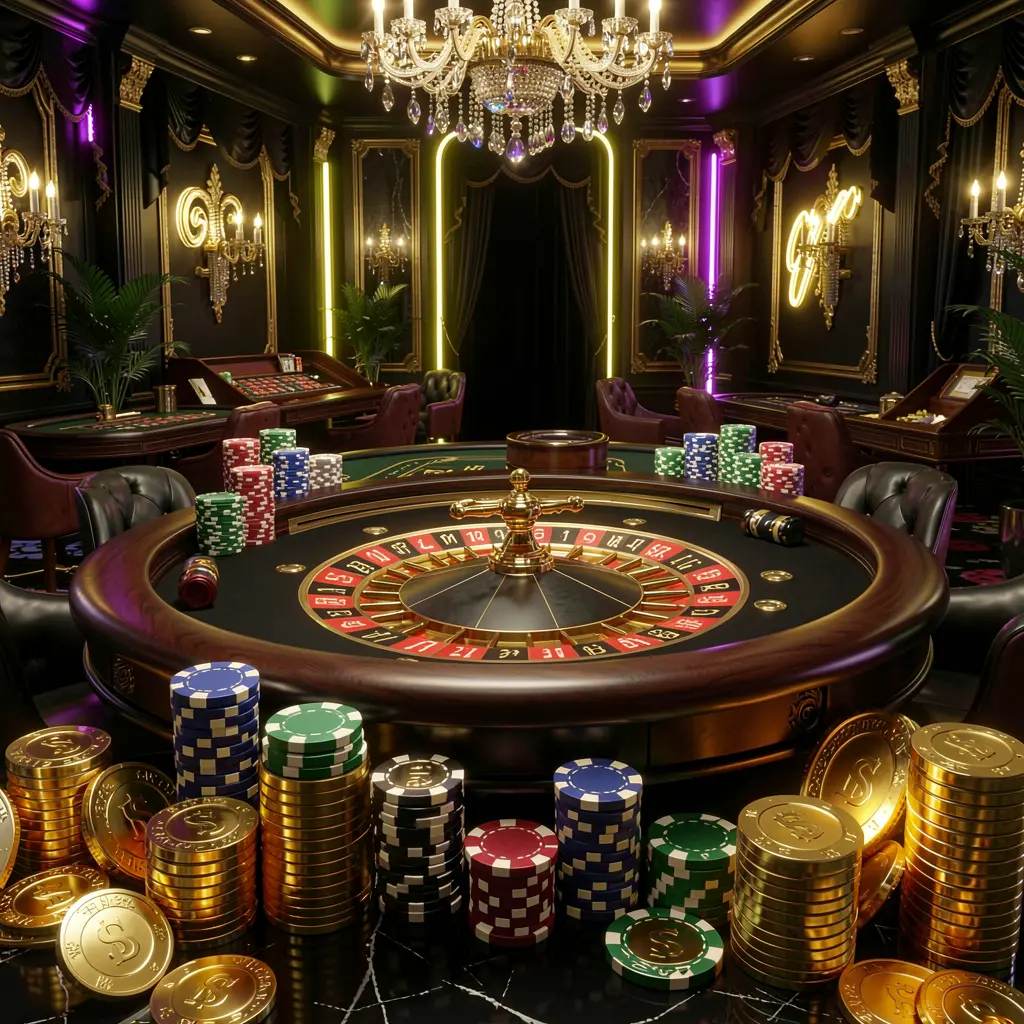 Luxury online casino hall with roulette table, poker chips, and golden coins in a premium black and gold atmosphere featuring glowing neon lights, showcasing the l880 brand