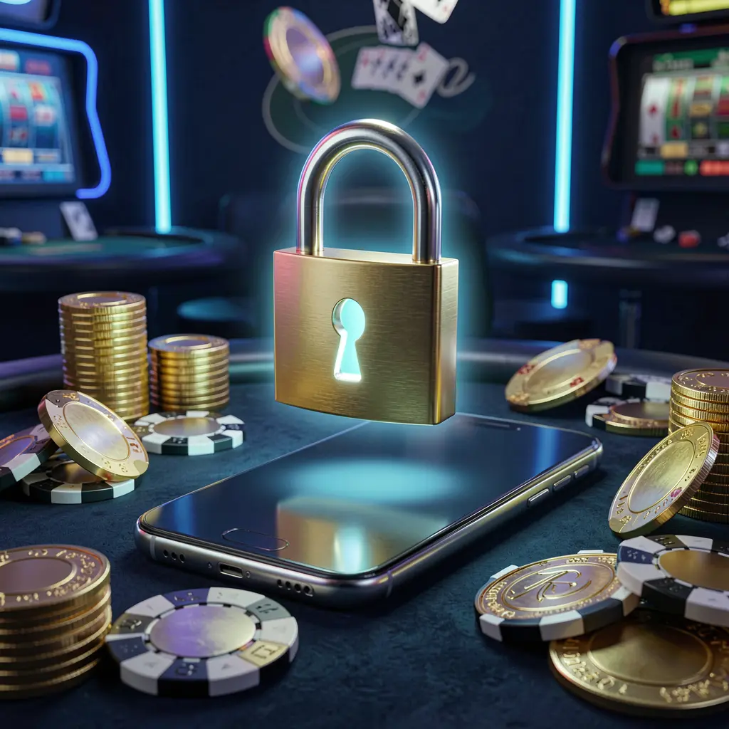 l880 casino login security image with a glowing padlock floating above a smartphone, golden coins and chips scattered around on a dark blue neon background in a premium realistic 3D render l880 casino login security image with a glowing padlock floating above a smartphone, golden coins and chips scattered around on a dark blue neon background in a premium realistic 3D render