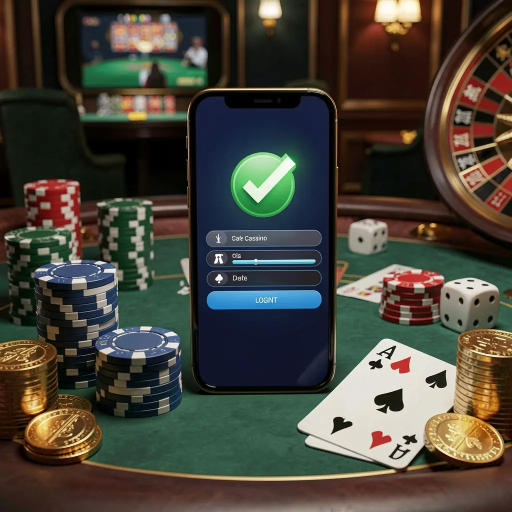 l880 safe casino login concept showing a smartphone with a verification checkmark icon surrounded by chips, cards, dice, and golden coins on an elegant luxury casino table in a 3D realistic render l880 safe casino login concept showing a smartphone with a verification checkmark icon surrounded by chips, cards, dice, and golden coins on an elegant luxury casino table in a 3D realistic render