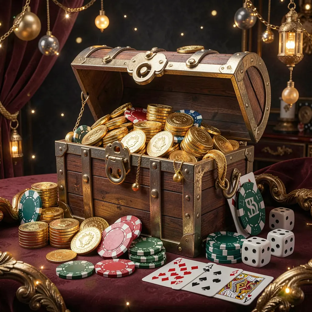 l880 online casino welcome banner featuring a treasure chest filled with golden coins and casino chips, playing cards and dice nearby on a dark luxury background creating a festive premium atmosphere